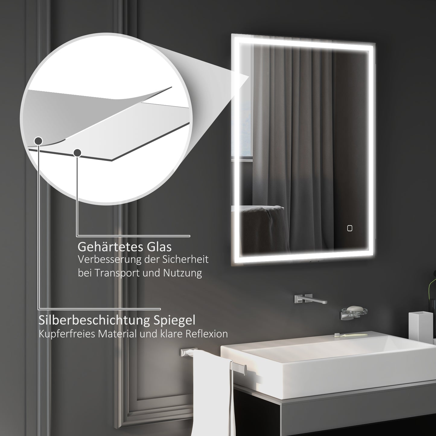 HOMCOM Badspiegel mit Beleuchtung 90x70 cm LED Spiegel Wandspiegel mit Memory-Funktion 3 Lichtfarben Silber