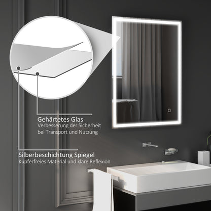 HOMCOM Badspiegel mit Beleuchtung 90x70 cm LED Spiegel Wandspiegel mit Memory-Funktion 3 Lichtfarben Silber