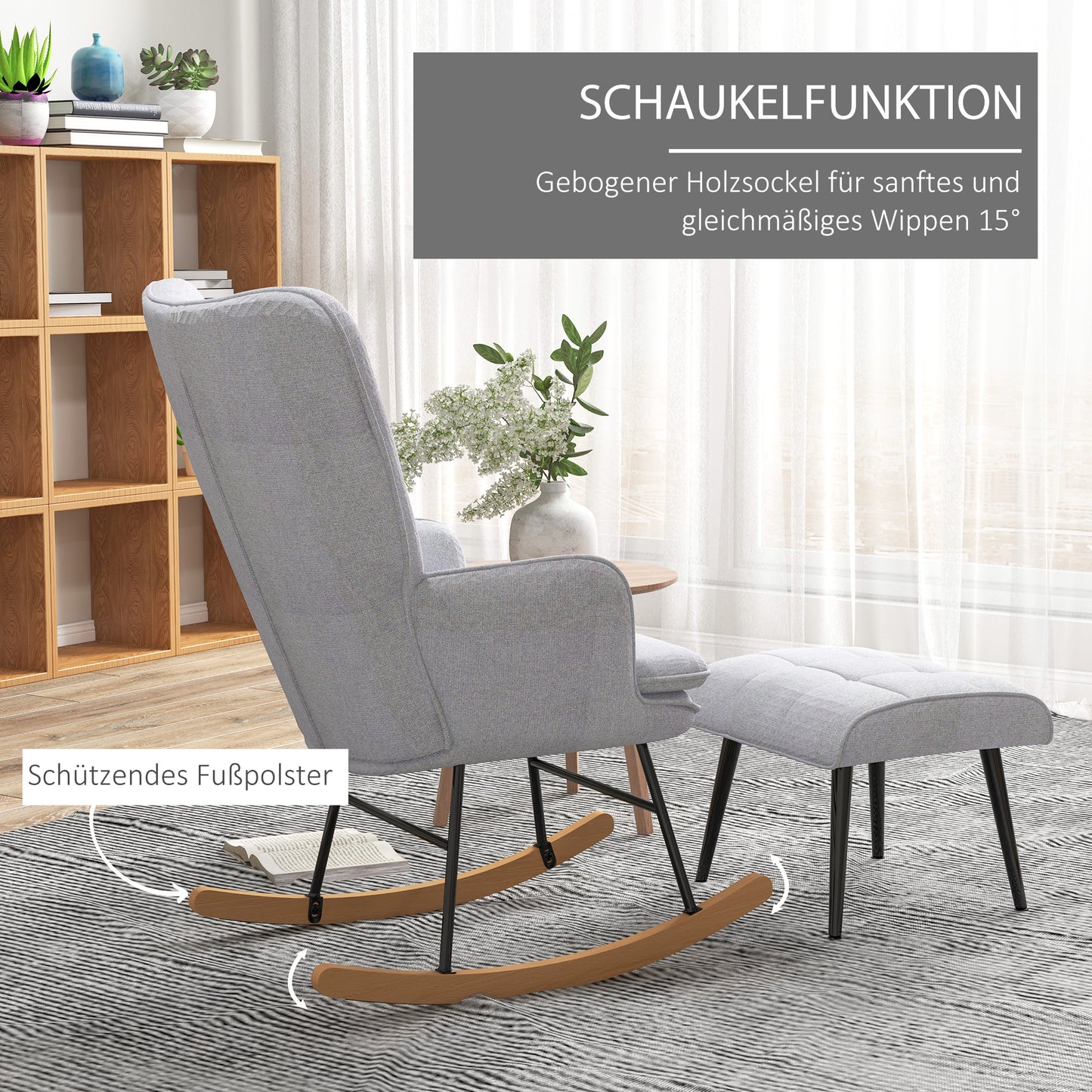 HOMCOM Schaukelstuhl mit Ottomane Skandidesign Schaukelstuhl mit Fußhocker, Buchenholz, Steppung, 64 cm x 89 cm x 90 cm Grau
