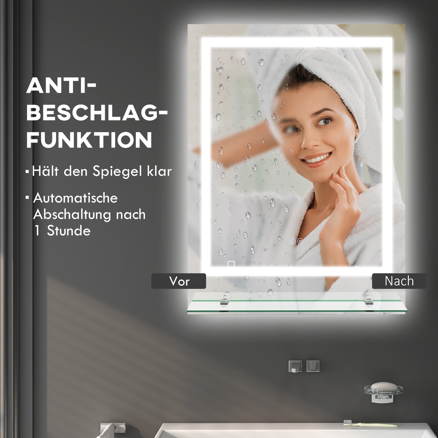 kleankin Badezimmerspiegel mit LED-Beleuchtung, 3 Lichtfarben, Antibeschlag-Funktion, verkabelt, 70 x 50 cm