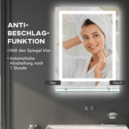 kleankin Badezimmerspiegel mit LED-Beleuchtung, 3 Lichtfarben, Antibeschlag-Funktion, verkabelt, 70 x 50 cm