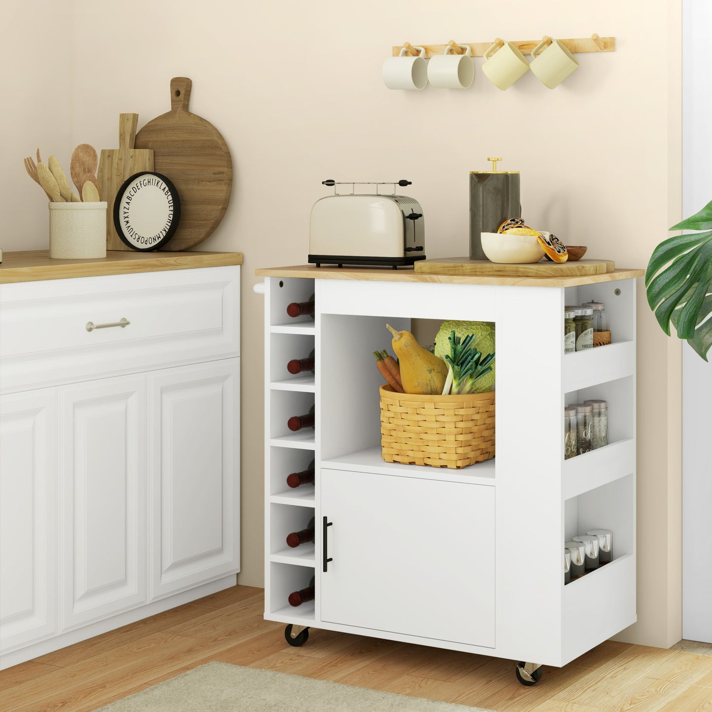 HOMCOM Küchenwagen, Rollbare Kücheninsel, Küchen-Trolley mit Fächern, Weinregalen, Schrank und Arbeitsfläche, Weiß