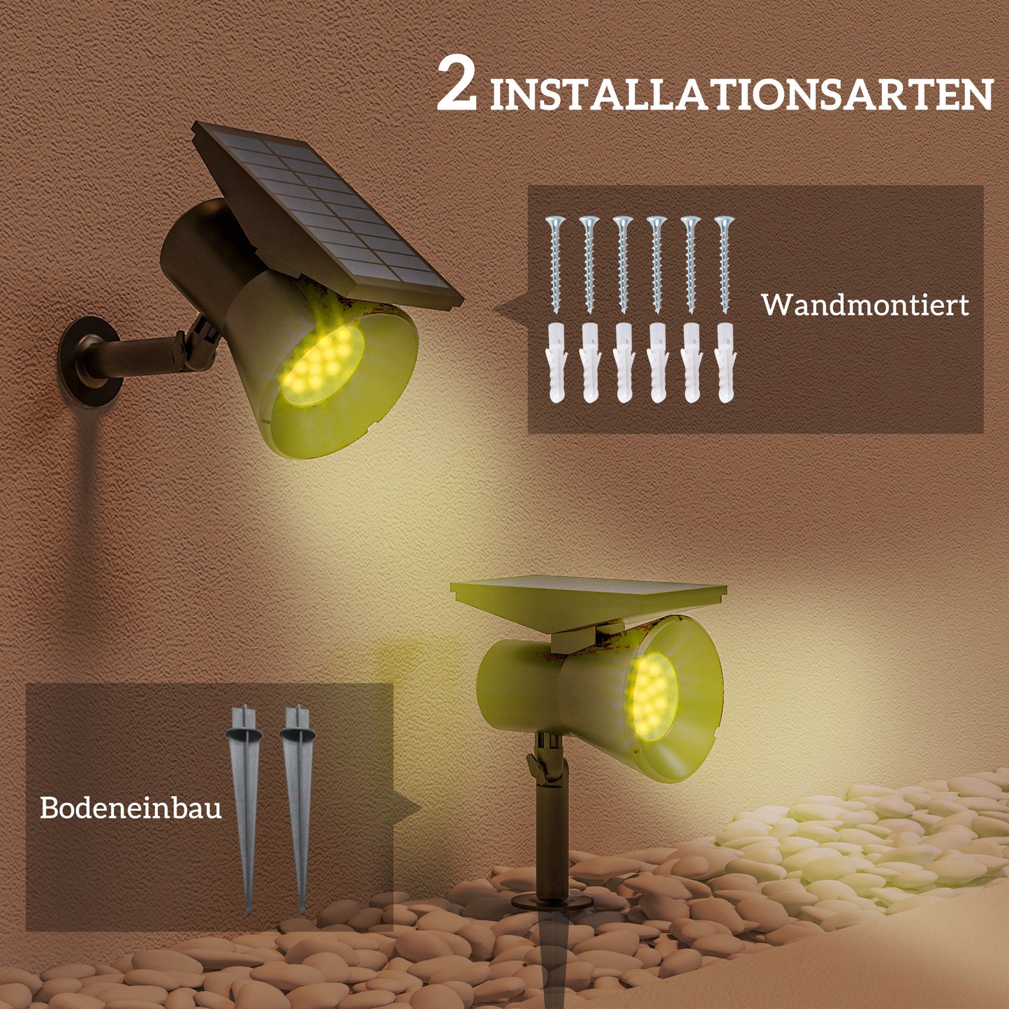Outsunny Solarleuchten, 2 Stück Solarlampen, Solar Gartenleuchte mit 2 Lichtfarben, Boden-/Wandmontage, IP54 Wasserdicht für Balkon, Terrasse, Schwarz