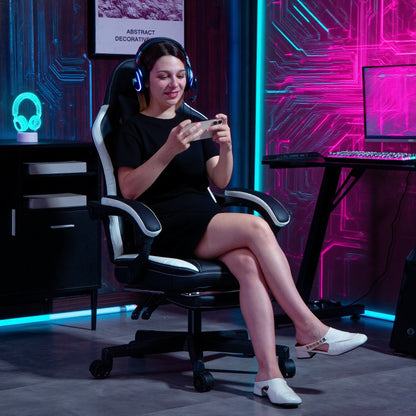 HOMCOM Gaming-Stuhl mit Fußstütze, Computerstuhl mit Kopfstütze & Kissen, Kunstleder-Bezug, drehbar, höhenverstellbar, Metall, Kunststoff, Schwarz+Weiß