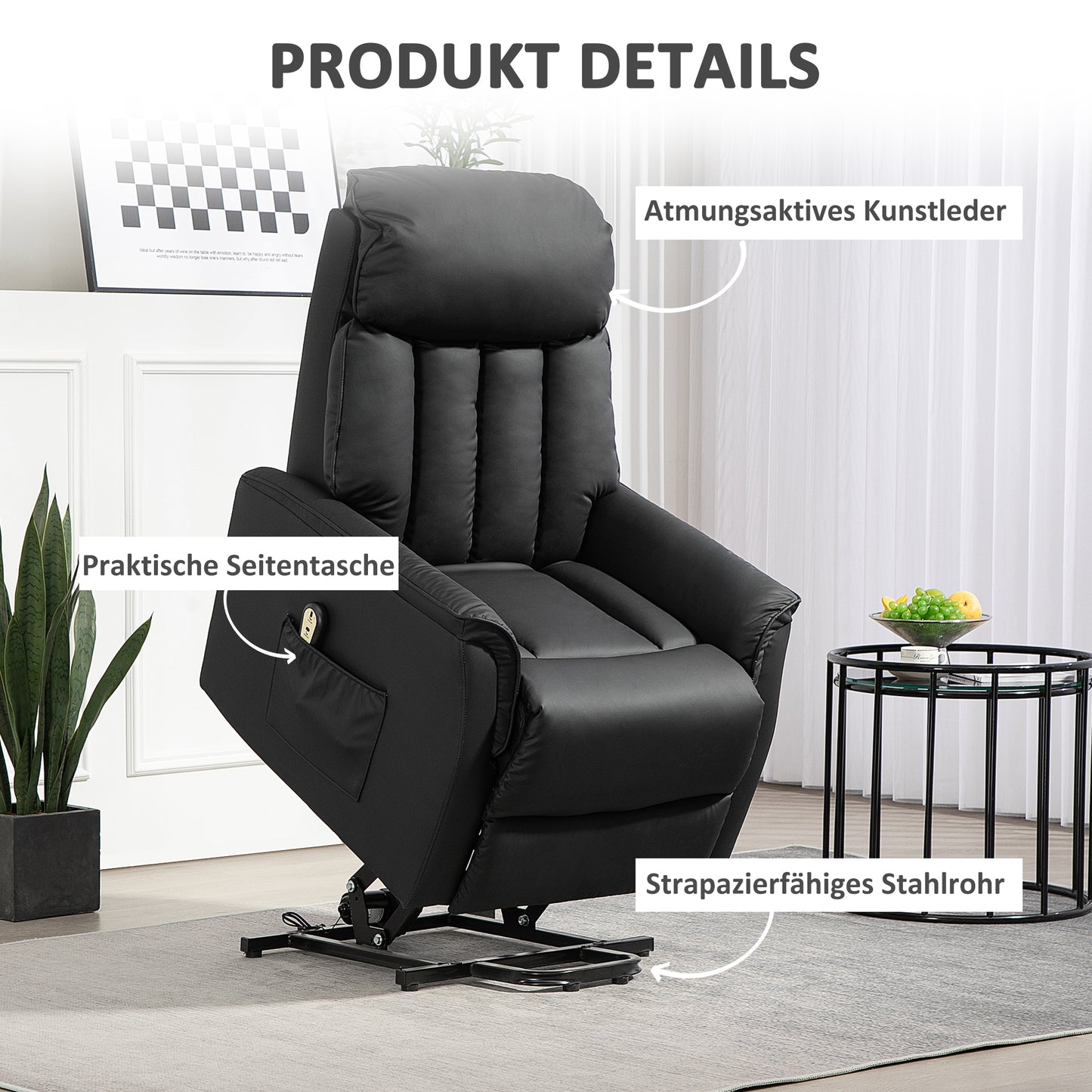 HOMCOM Elektrischer Aufstehsessel, Fernsehsessel, Sessel mit Aufstehhilfe, Liegefunktion, Kunstleder, 80 x 94 x 104 cm, Schwarz