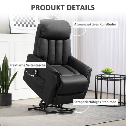 HOMCOM Elektrischer Aufstehsessel, Fernsehsessel, Sessel mit Aufstehhilfe, Liegefunktion, Kunstleder, 80 x 94 x 104 cm, Schwarz