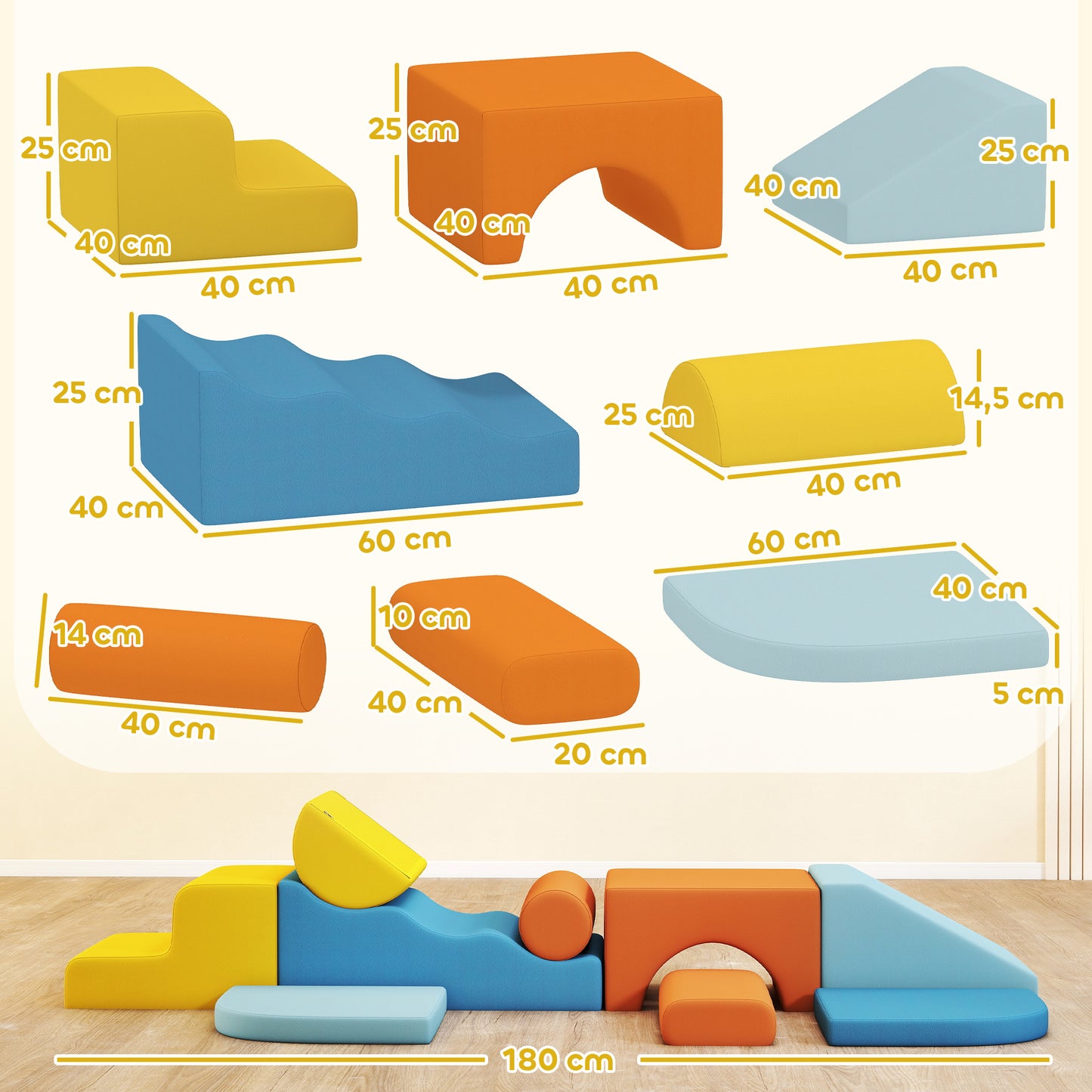 AIYAPLAY 9-teiliges Soft-Baustein-Set, weiche Blöcke zum Bauen und Spielen, Indoor-Spielset für Kleinkinder, Schaumstoff, Bunt