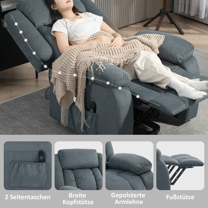 HOMCOM Aufstehsessel mit weichem Bezug, Recliner-Sessel mit Fernbedienung und Seitentaschen, Grau