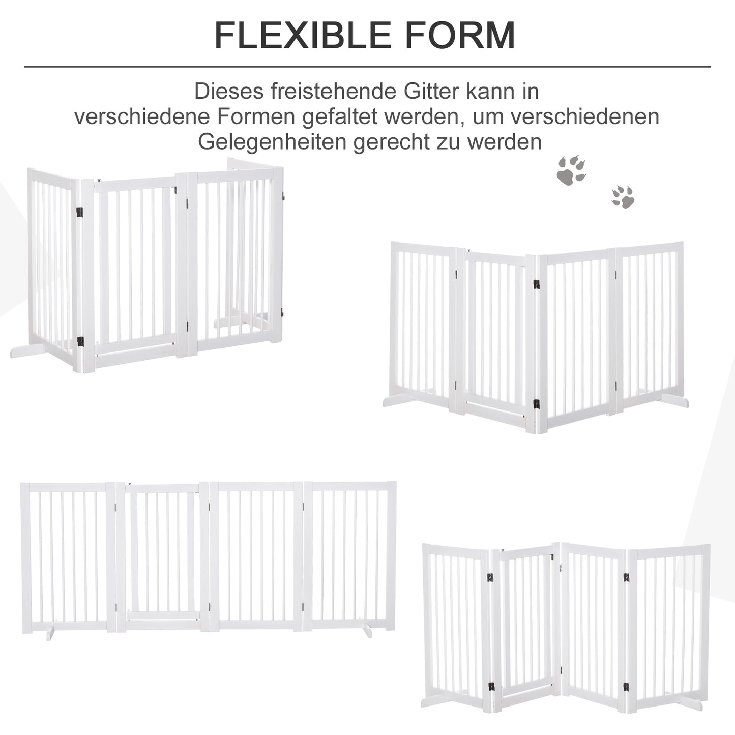 PawHut Absperrgitter Hund 4-teilig, 204 x 75 cm Faltbar Türschutzgitter mit Tür, Freistehend Hundegitter mit 2 Stützfüßen, Treppengitter aus Holz für Flur, Küche, Treppe, Weiß
