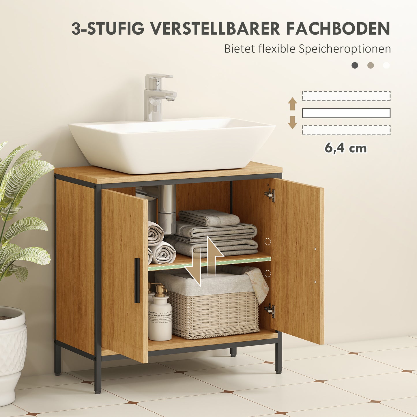 HOMCOM Waschbeckenunterschrank, Unterschrank mit 2 Türen, einstellbarem Regal, 60x30x60 cm Badezimmerschrank mit Stahlrahmen, für Waschbecken ohne Sockel, Eiche