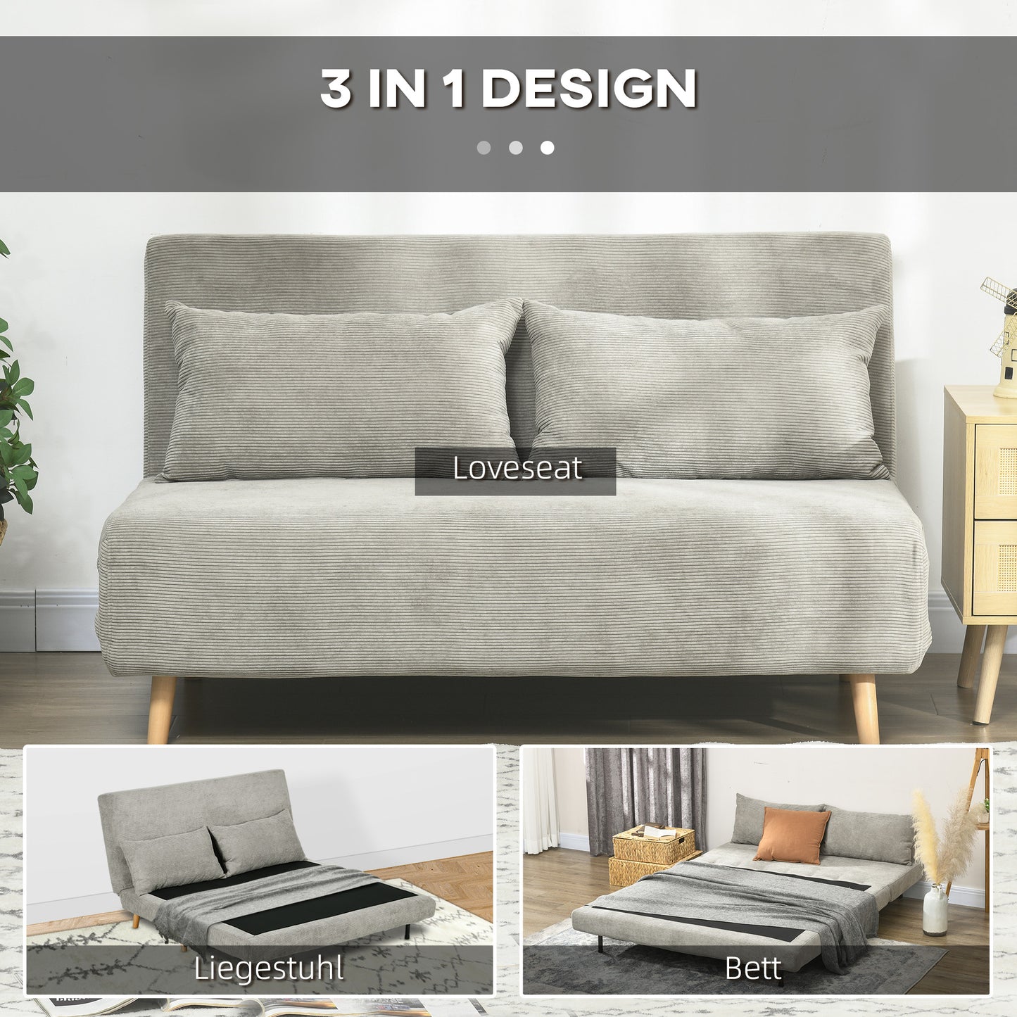 HOMCOM Schlafsofa, Gästebett, 3-fach verstellbare Rückenlehne, Leinenoptik, bis 120 kg, 141 x 90 x 81 cm, Grau