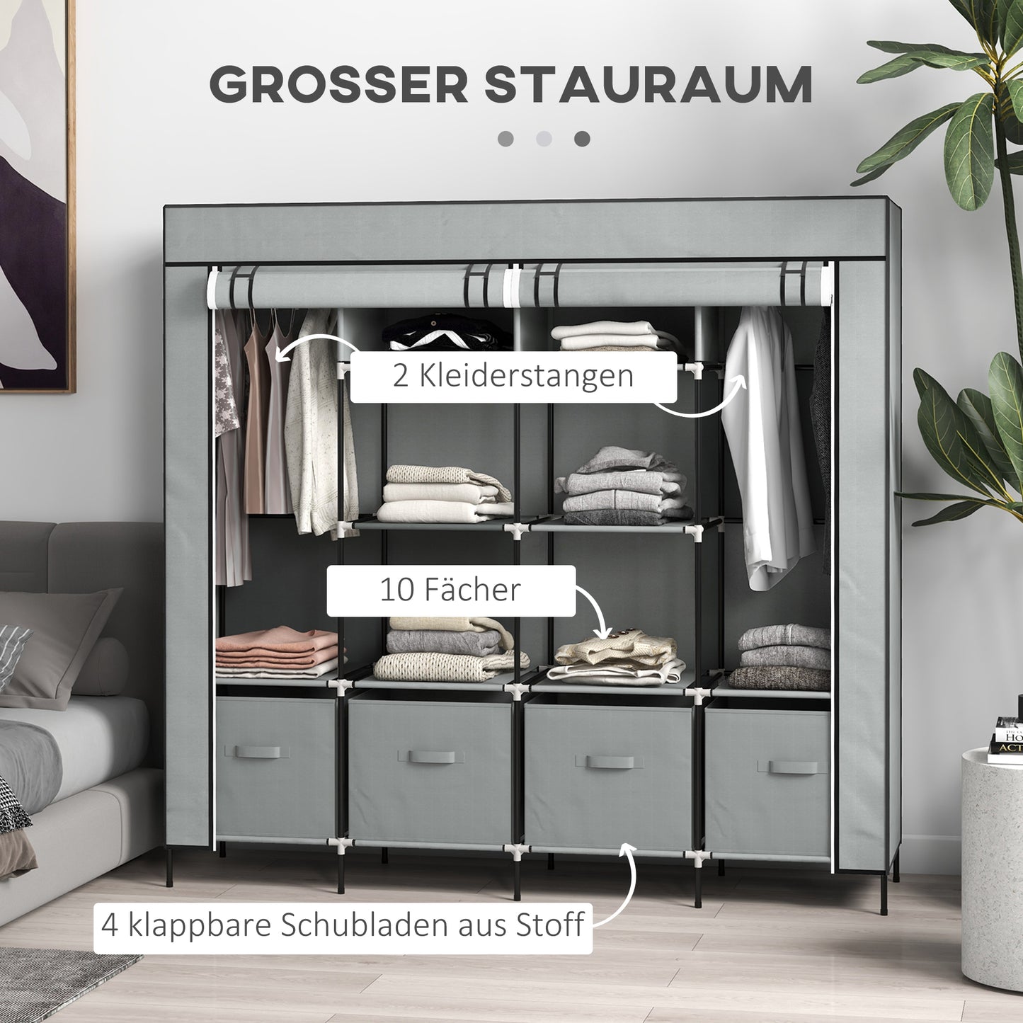 HOMCOM Kleiderschrank Stoffschrank, Türen, 2 Kleiderstangen, 10 Fächer, Grau