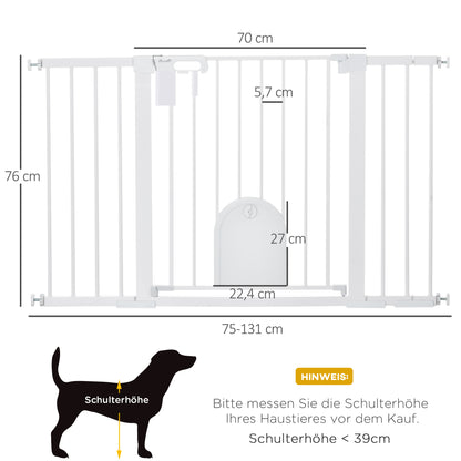 PawHut Türschutzgitter Treppenschutzgitter Hunde Absperrgitter Schutzgitter für Haustier Hundegitter Klemmbefestigung Metall ABS Weiß 75-131 x 76 cm