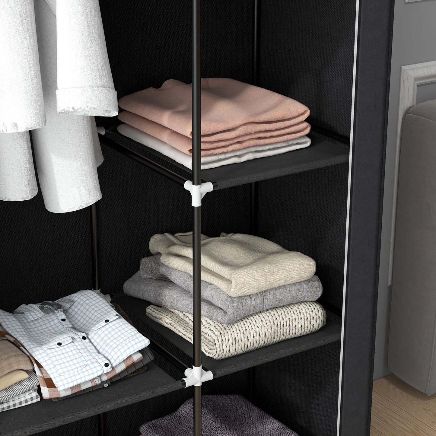 HOMCOM Schrank aus Stoff, Aufbewahrungslösung, 6 Regale, 1 Kleiderstange, Schwarz