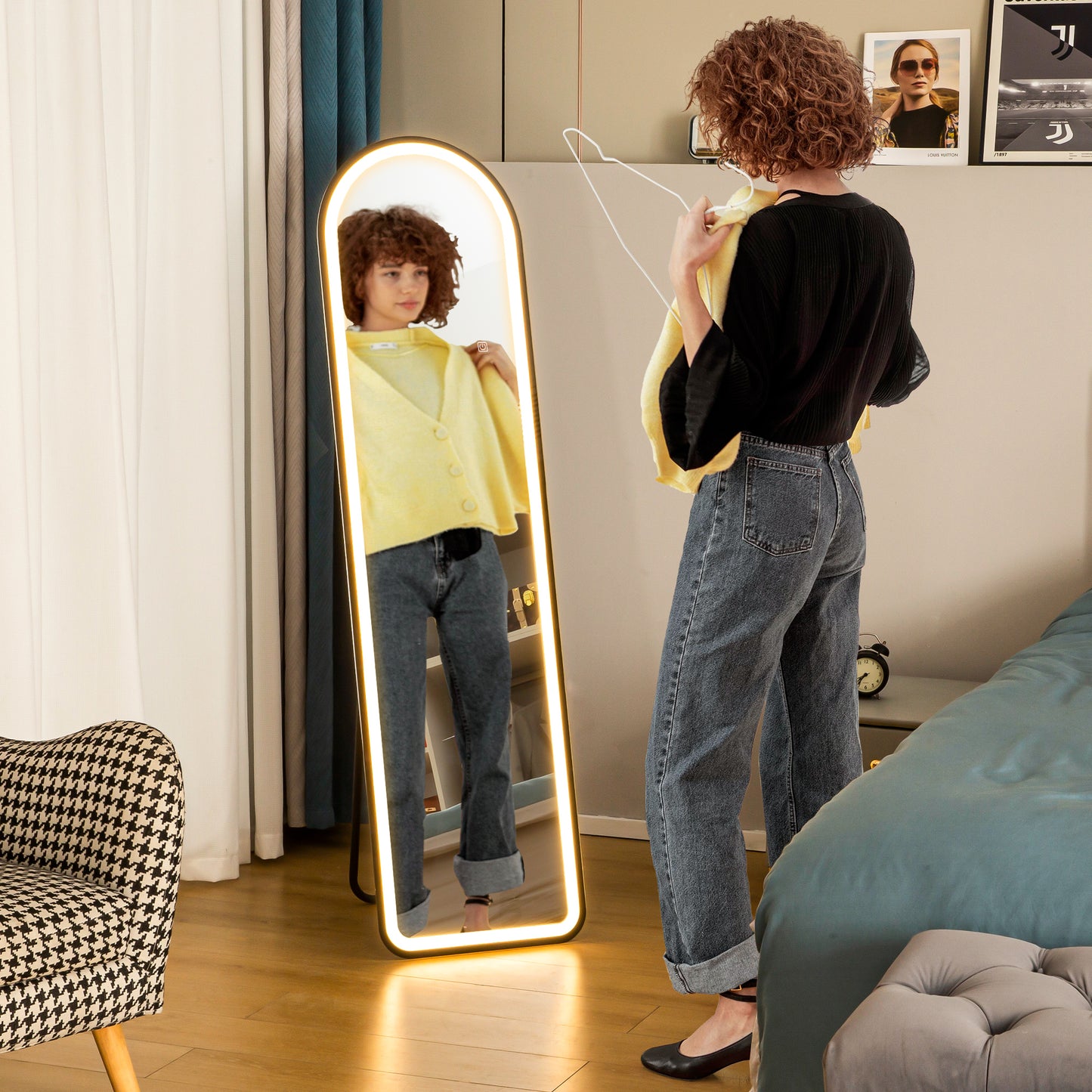 HOMCOM Ganzkörperspiegel, 150 x 40 cm, Freistehender Spiegel mit dimmbaren LED-Lichtern für Wohnzimmer, Schlafzimmer