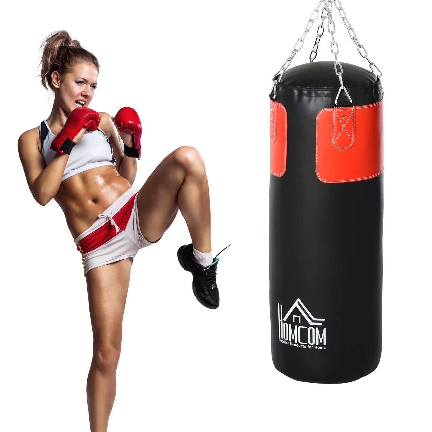 HOMCOM Boxsack-Set Box-Set mit Boxhandschuhen Gefüllt Set für Erwachsene Jugendlichen Hanging Boxing Heavy Bag 16 KG Ø30 x 120 cm Schwarz+Rot