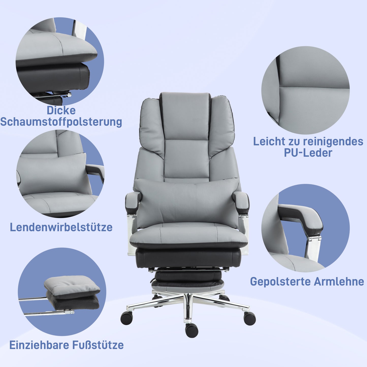 HOMCOM Bürostuhl, ergonomisch, verstellbar, 63x71x123-129cm, Hellgrau/Schwarz