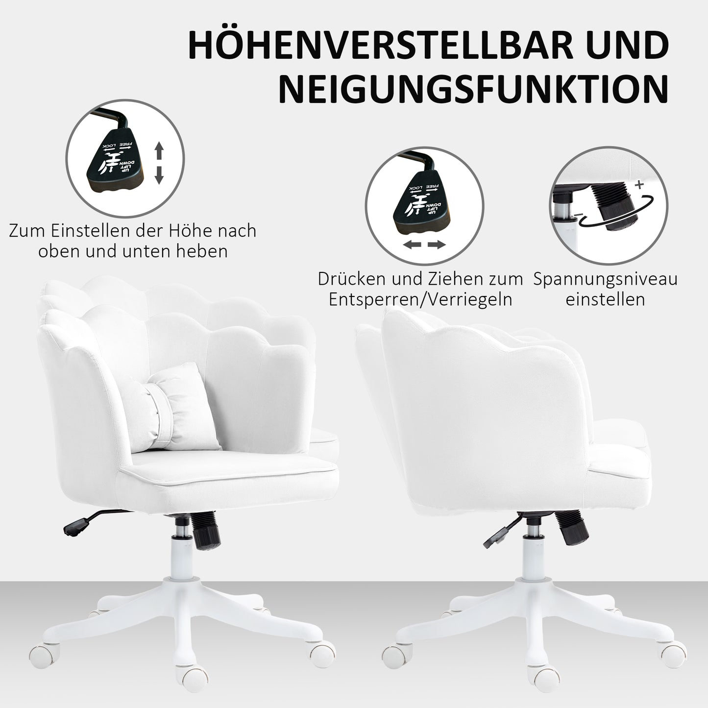 HOMCOM Bürostuhl mit Blütenblatt-Design, Schleifenkissen, weich gepolstert, Weiß