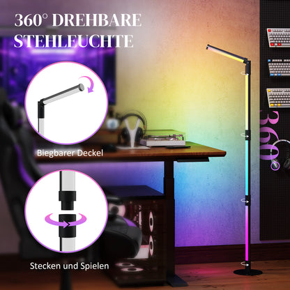 HOMCOM LED-Stehlampe, Standfußlampe mit Fernbedienung und verschiedenen Farben, Timer, App, Musik-Synchronisation, Dunkelgrau
