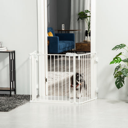 PawHut Hunde Absperrgitter Türschutzgitter Haustierschutzgitter verstellbar klappbar Kamingitter mit automatische schließenden Tür 3 Paneele für Ofen Wandmontage/Freistehend Weiß 202,5 x 76 cm