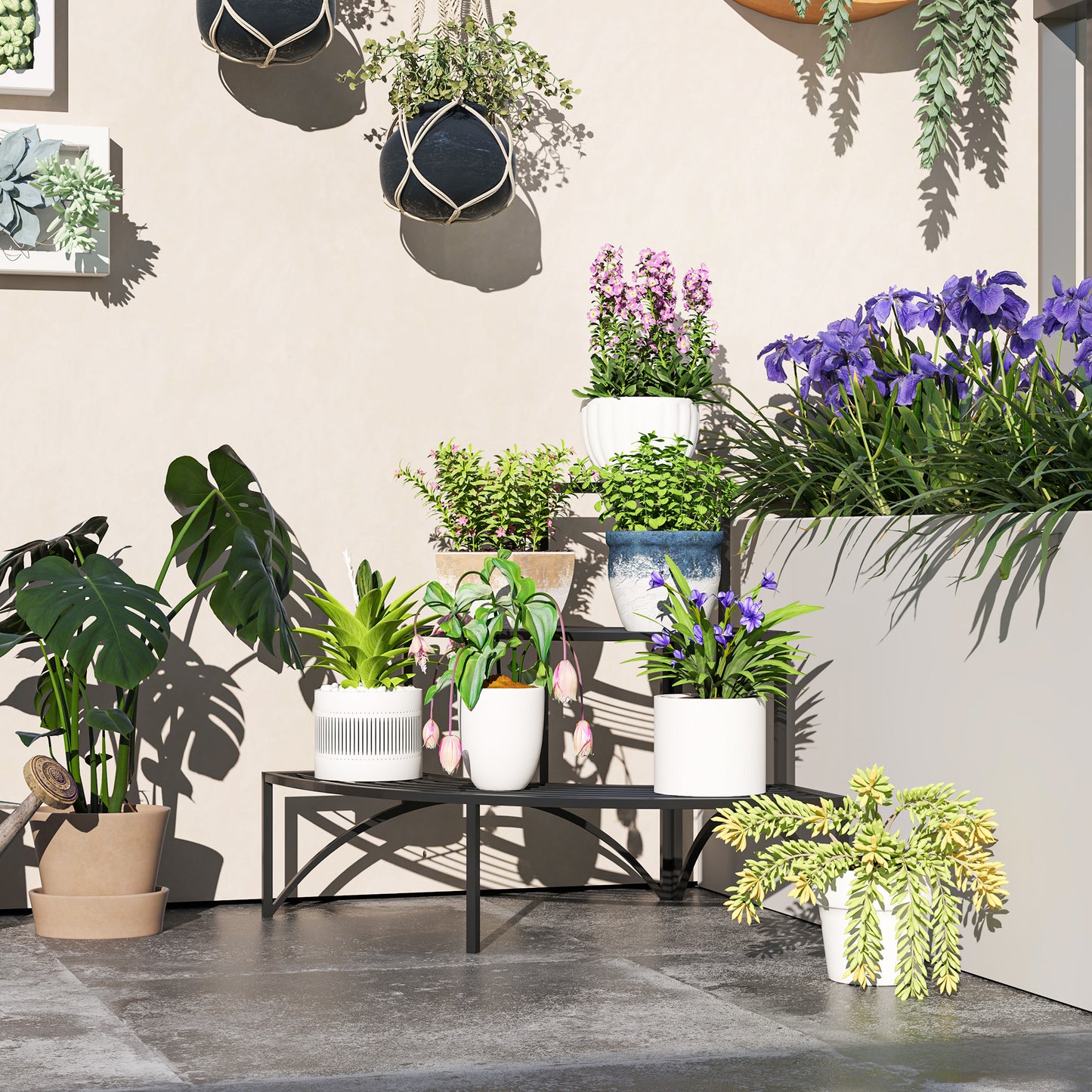 Outsunny Eckpflanzenständer, Blumenständer mit 3 Ebenen, Metall, für drinnen und draußen, Blumentopfständer, Schwarz