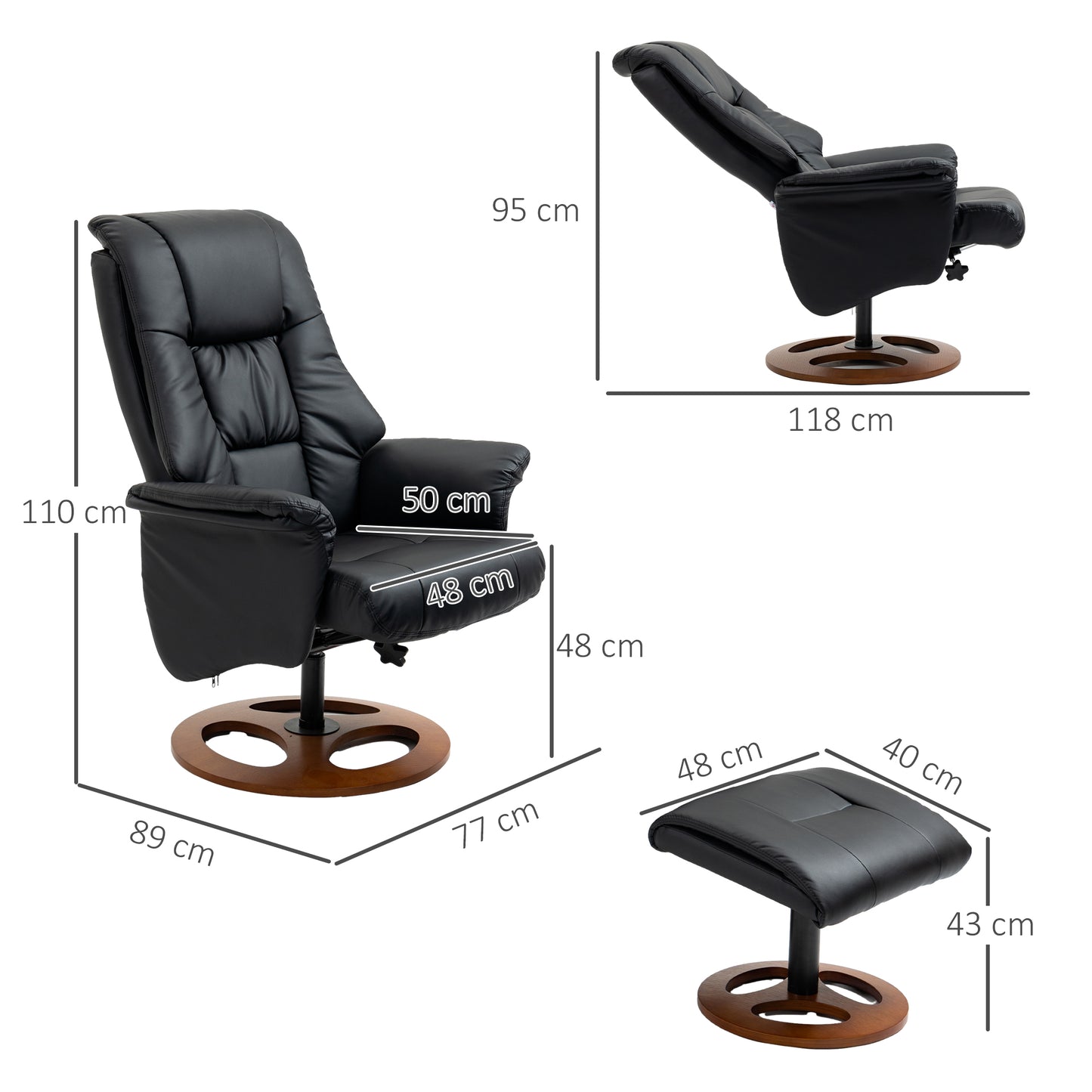 HOMCOM Relaxsessel mit Ottomane, Sessel mit Fußhocker, verstellbare Rückenlehne, 77 cm x 89 cm x 110 cm, Schwarz