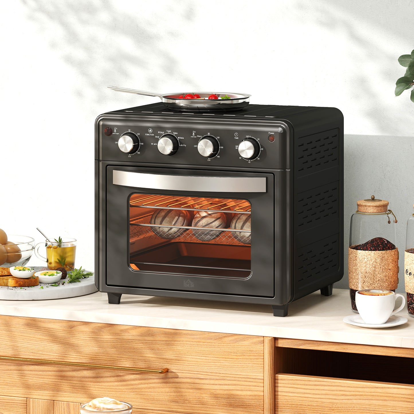 HOMCOM Minibackofen, Heißluftfritteuse, 90-230° C, 7 Programme, Zubehör, Schwarz