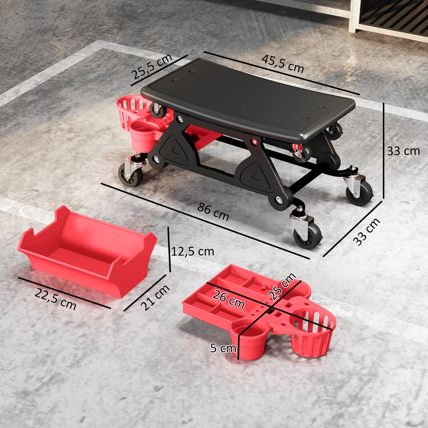 HOMCOM Werkstatthocker mit Rollen abnehmbar Sitz, Ablagefläche, 33cm hoch Rollhocker bis 135 kg belastbar Rot