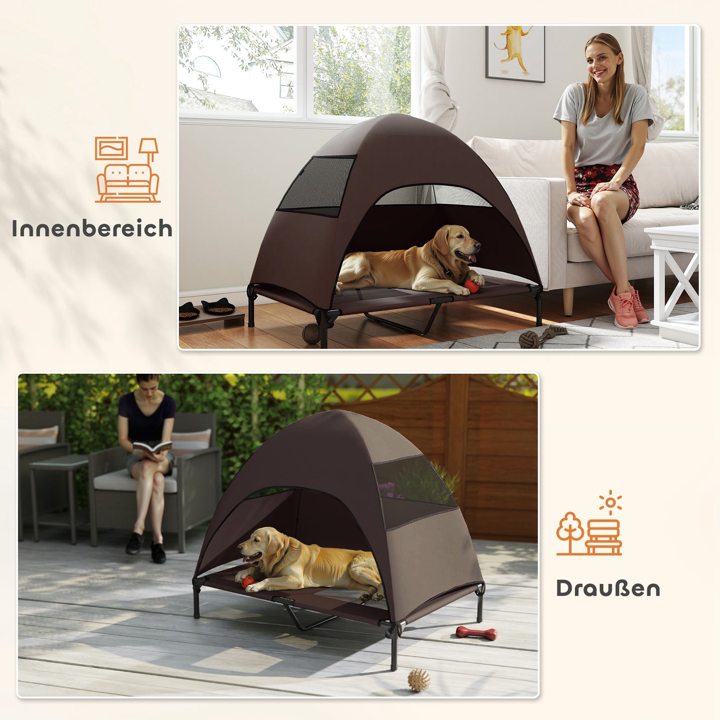 PawHut Hundeliege Outdoor mit Dach, Erhöhtes Hundebett für Große Hunde, 106 x 76 x 99 cm, Kaffee