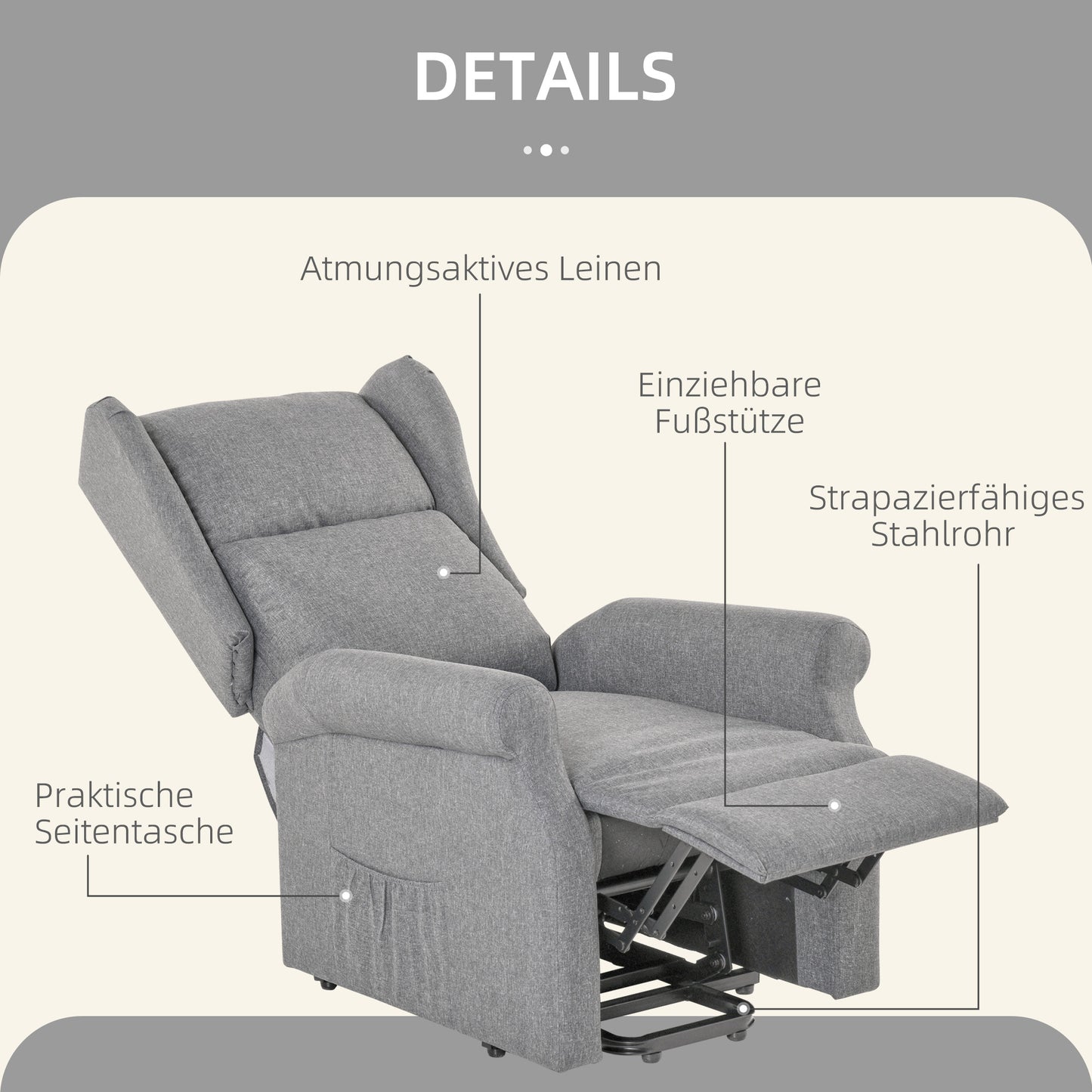 HOMCOM Relaxsessel, Aufstehhilfe, Liegefunktion, bis 200kg, 72,5x94x109cm, Grau
