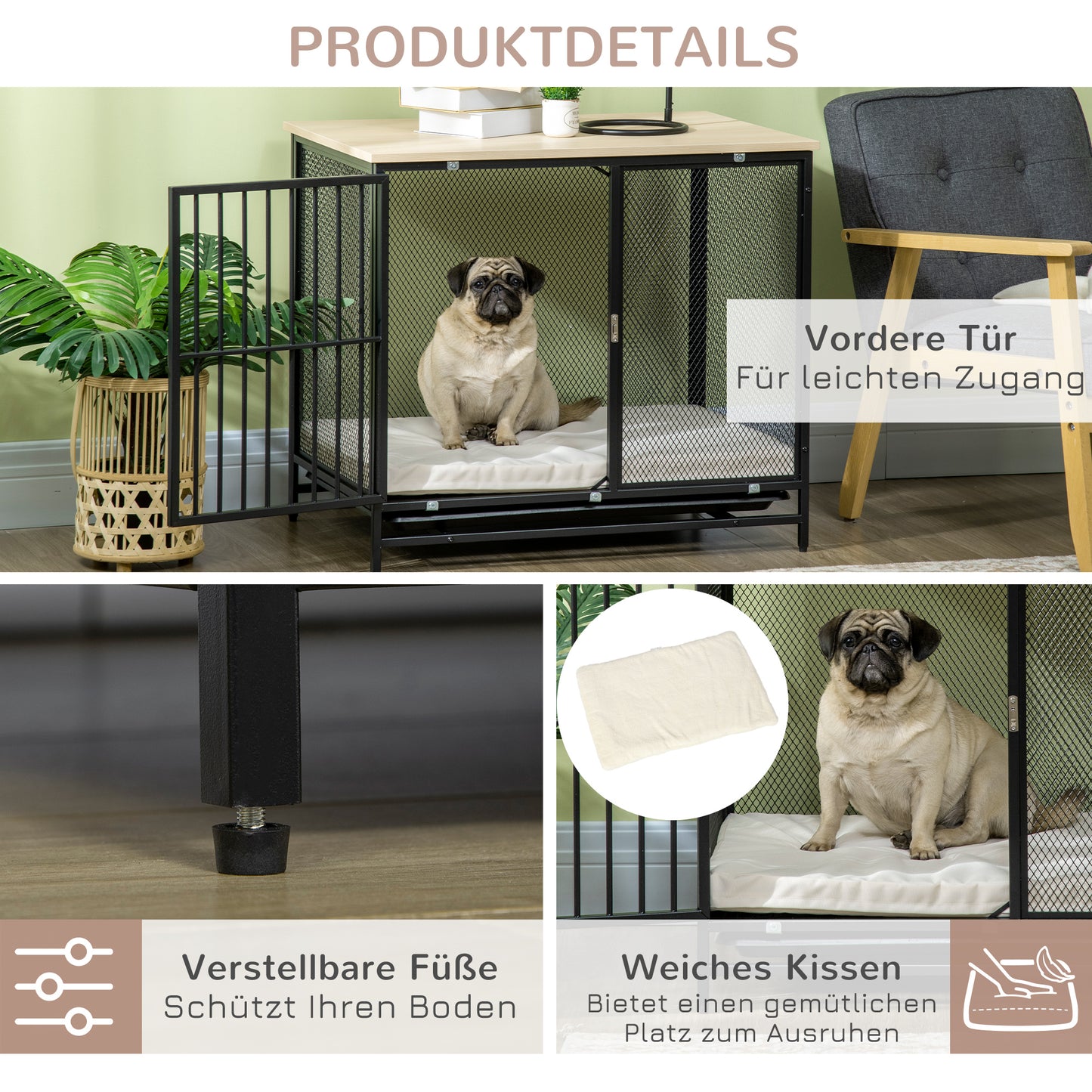 PawHut Hundekäfig, Hundebox, wasserabweisende Matte, herausnehmbare Bodenwanne, verriegelbar, Schwarz, 80 x 55 x 71 cm