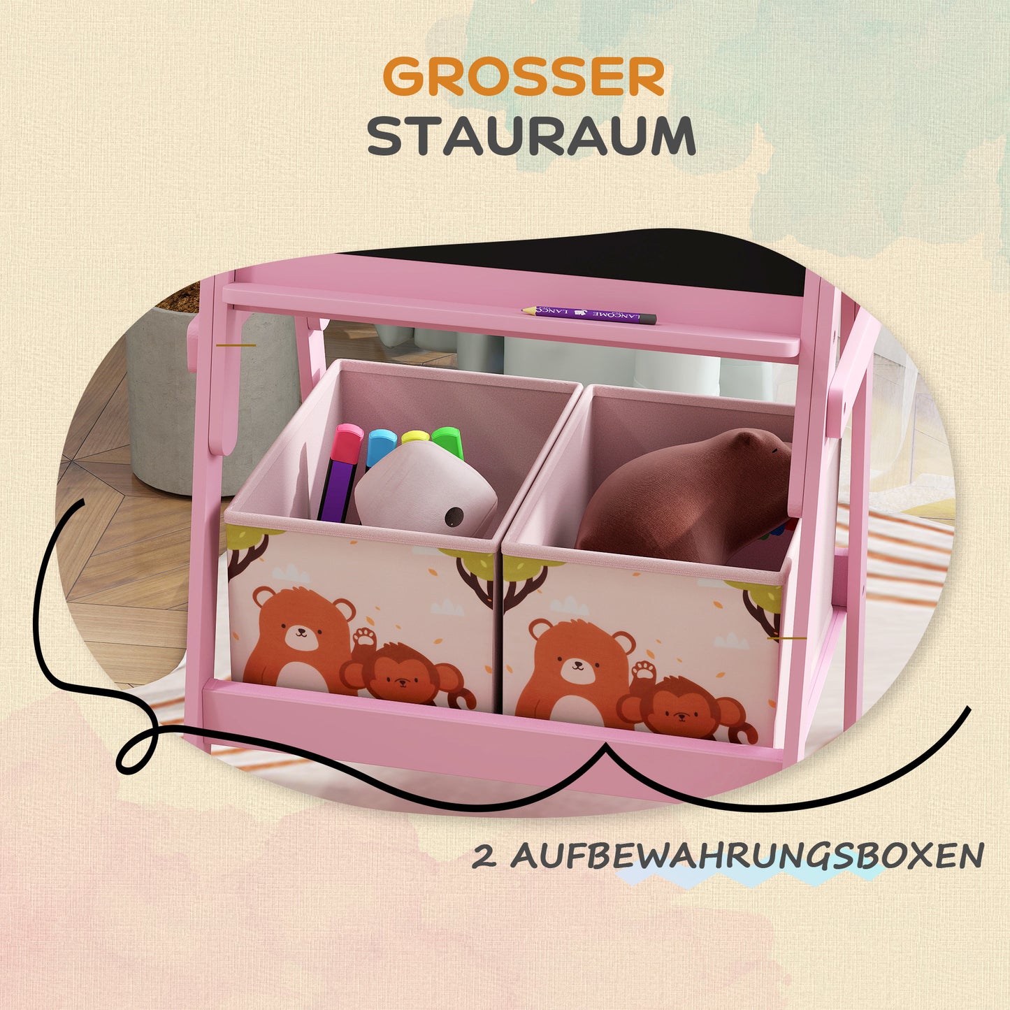 AIYAPLAY 2-in-1 Kindermalstaffelei mit Whiteboard, Kreidetafel, Aufbewahrungsboxen, für Kinder im Alter von 3-8 Jahren, Rosa