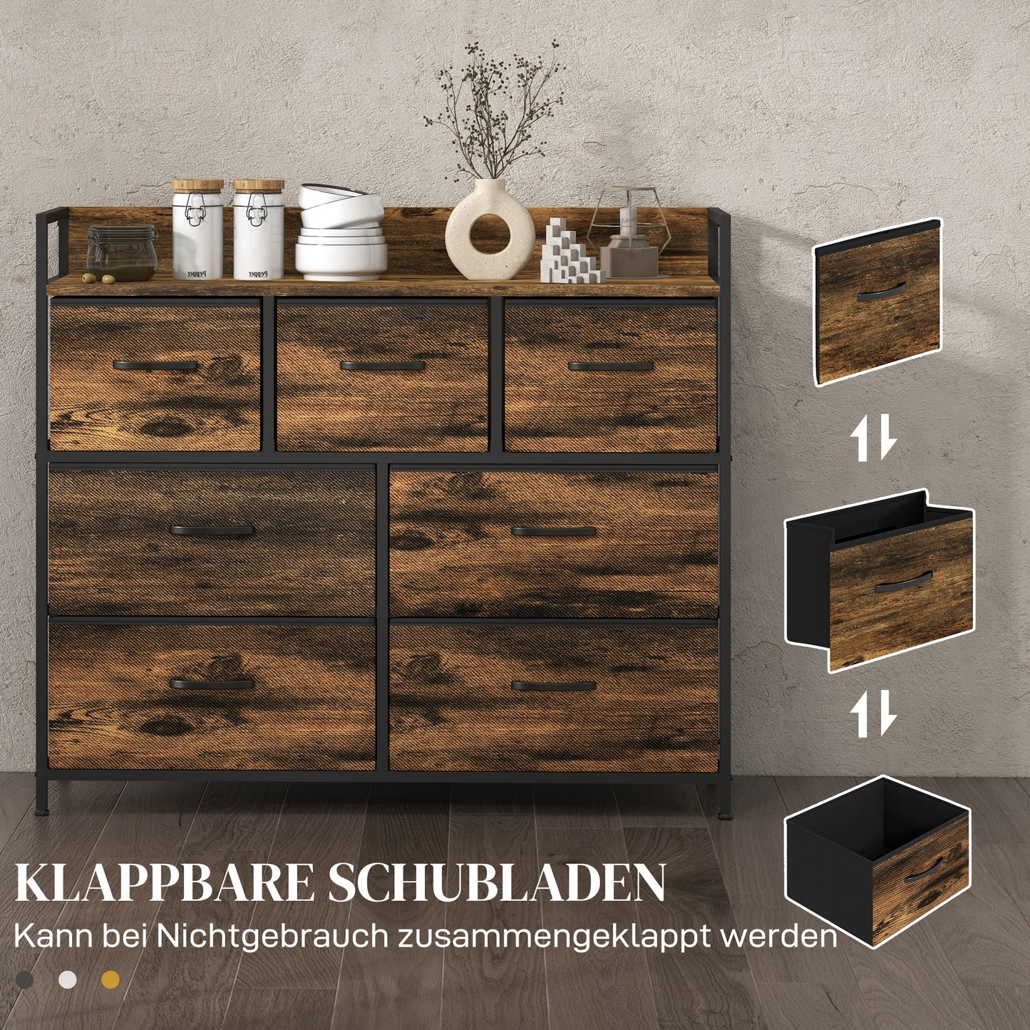 HOMCOM Kommode, Sideboard mit 7 Stoffschubladen, Industrial Design, Stahlrahmen, 98x29x85cm, Braun/Schwarz