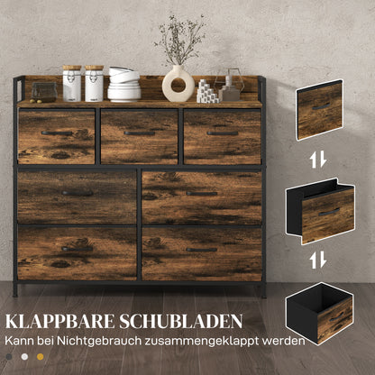 HOMCOM Kommode, Sideboard mit 7 Stoffschubladen, Industrial Design, Stahlrahmen, 98x29x85cm, Braun/Schwarz