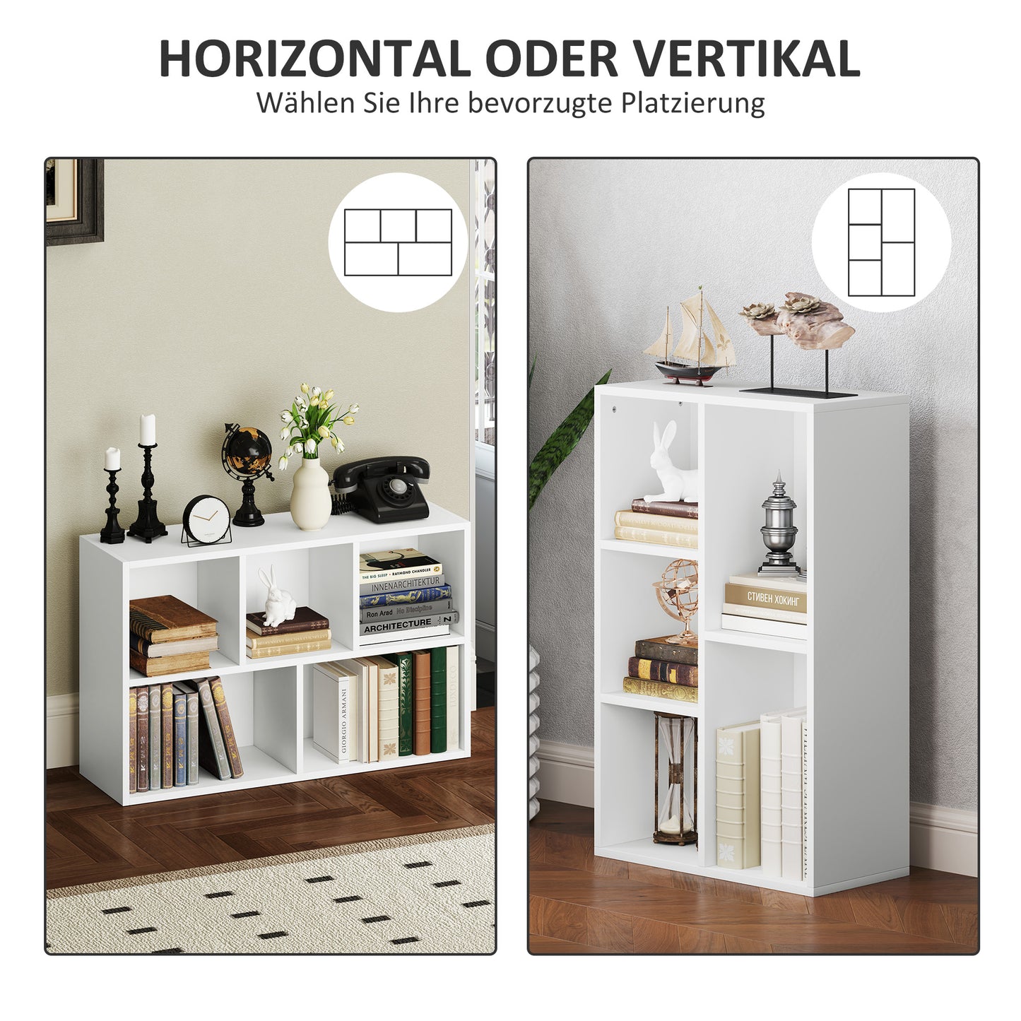 HOMCOM 2-Ebenen-Bücherregal, 5 Fächer, Spanplatte, Aufbewahrungsregal, Weiß