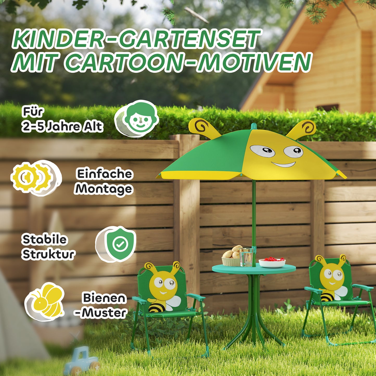 AIYAPLAY Gartenmöbel-Set für Kinder، Stühle، Tisch، Sonnenschirm، Bienen-Design، Grün+Gelb