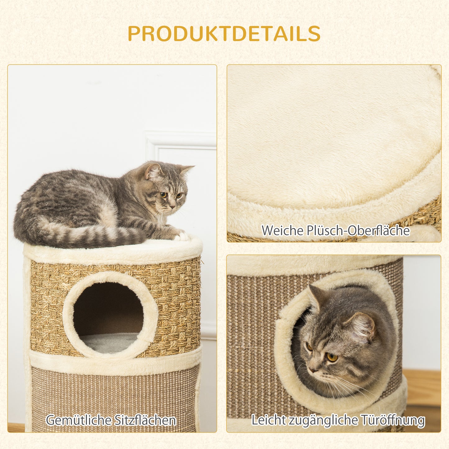 PawHut Kratztonne, Höhe 70 cm, Katzenkratzbaum für katzen 3 Ebenen Katzenbaum Kletterbaum Katzenmöbel mit Sisal Plüsch