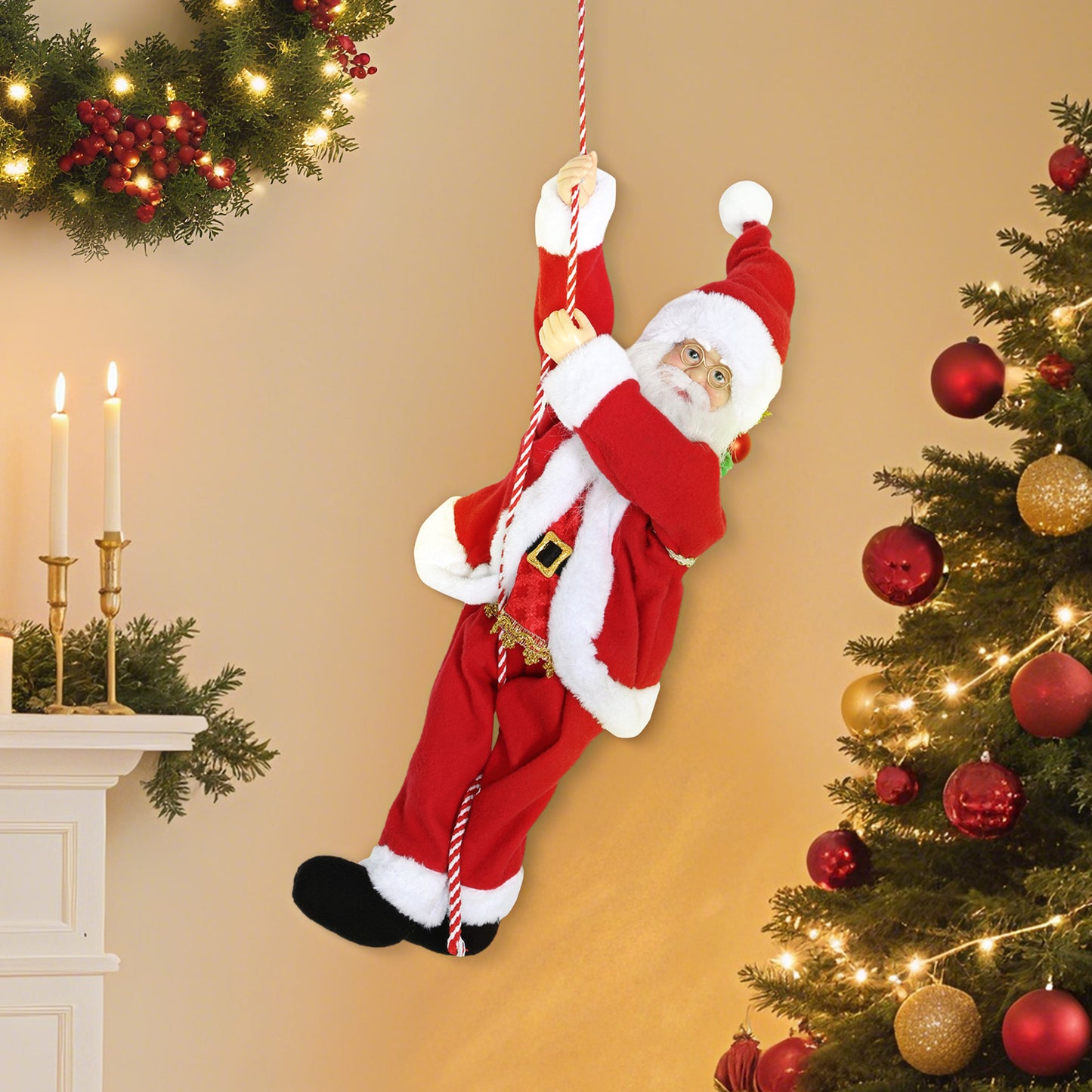 HOMCOM Weihnachtsmann 60 cm Singend und Kletternd Weihnachtsmann mit Geschenk Seil Soundfunktion Indoor, Rot