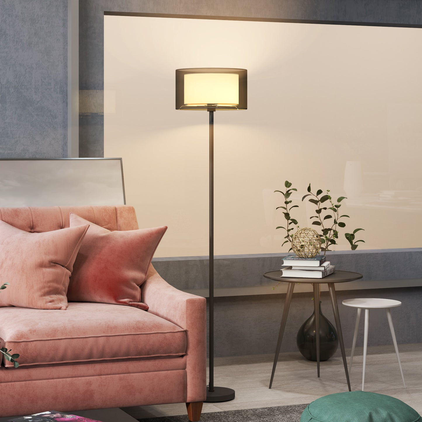 HOMCOM Stehlampe, zweifarbiger Lampenschirm, Fußschalter, Metall, Schwarz