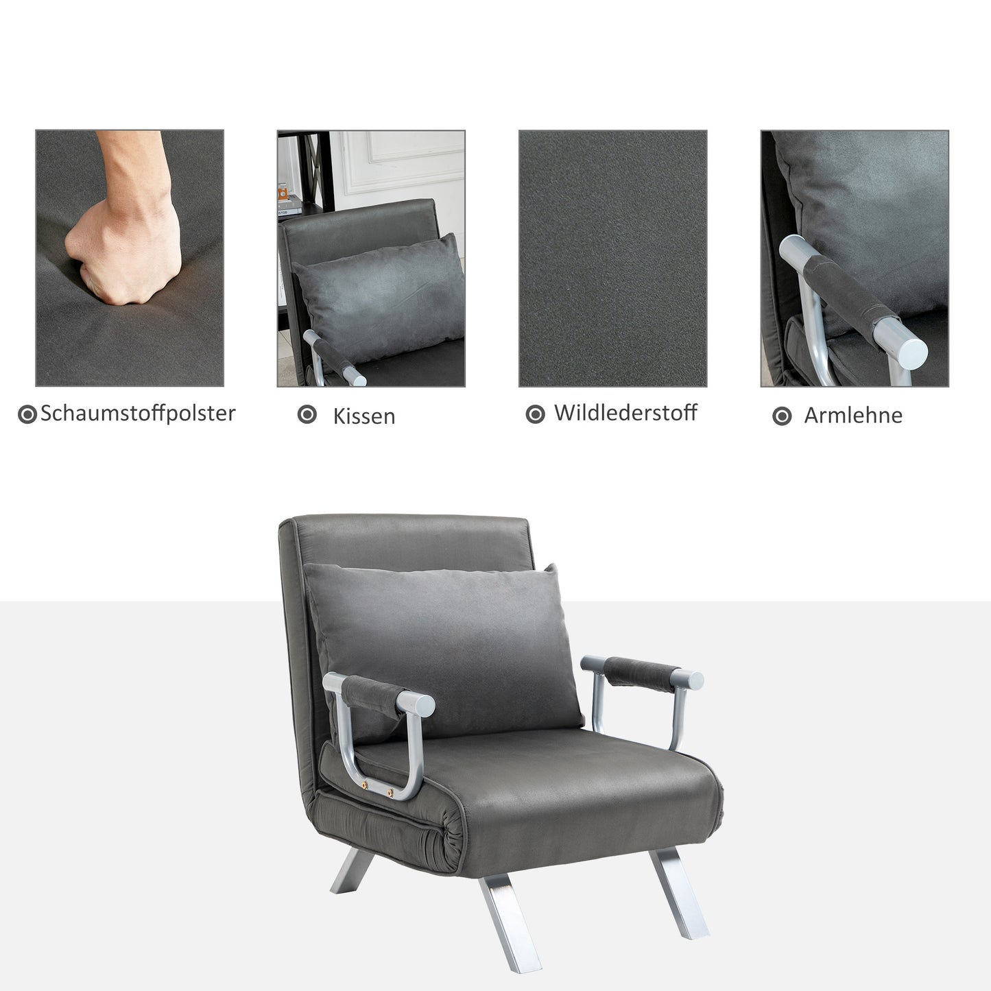HOMCOM Relaxsessel Liegesessel Sessel, Liegefunktion, Gästebett, 65 cm x 69 cm x 80 cm, Grau