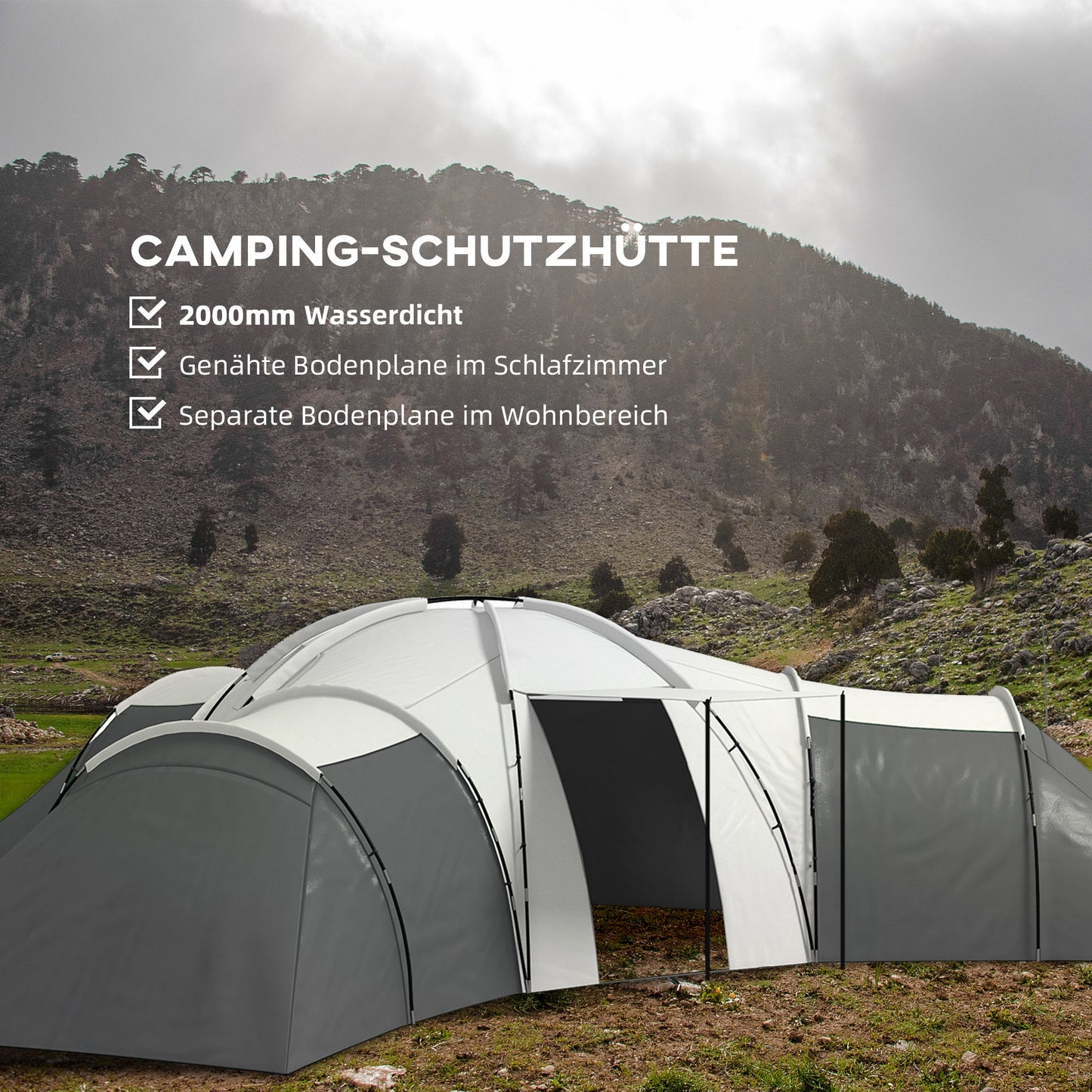Outsunny Campingzelt für 6-9 Personen, 4 Räume, Vorzelt, wasserdicht, 615x 615x225cm, Grau