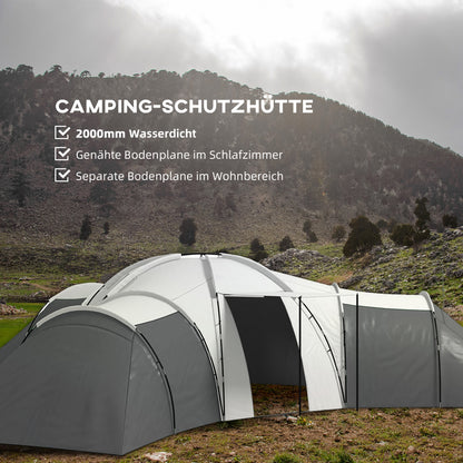 Outsunny Campingzelt für 6-9 Personen, 4 Räume, Vorzelt, wasserdicht, 615x 615x225cm, Grau