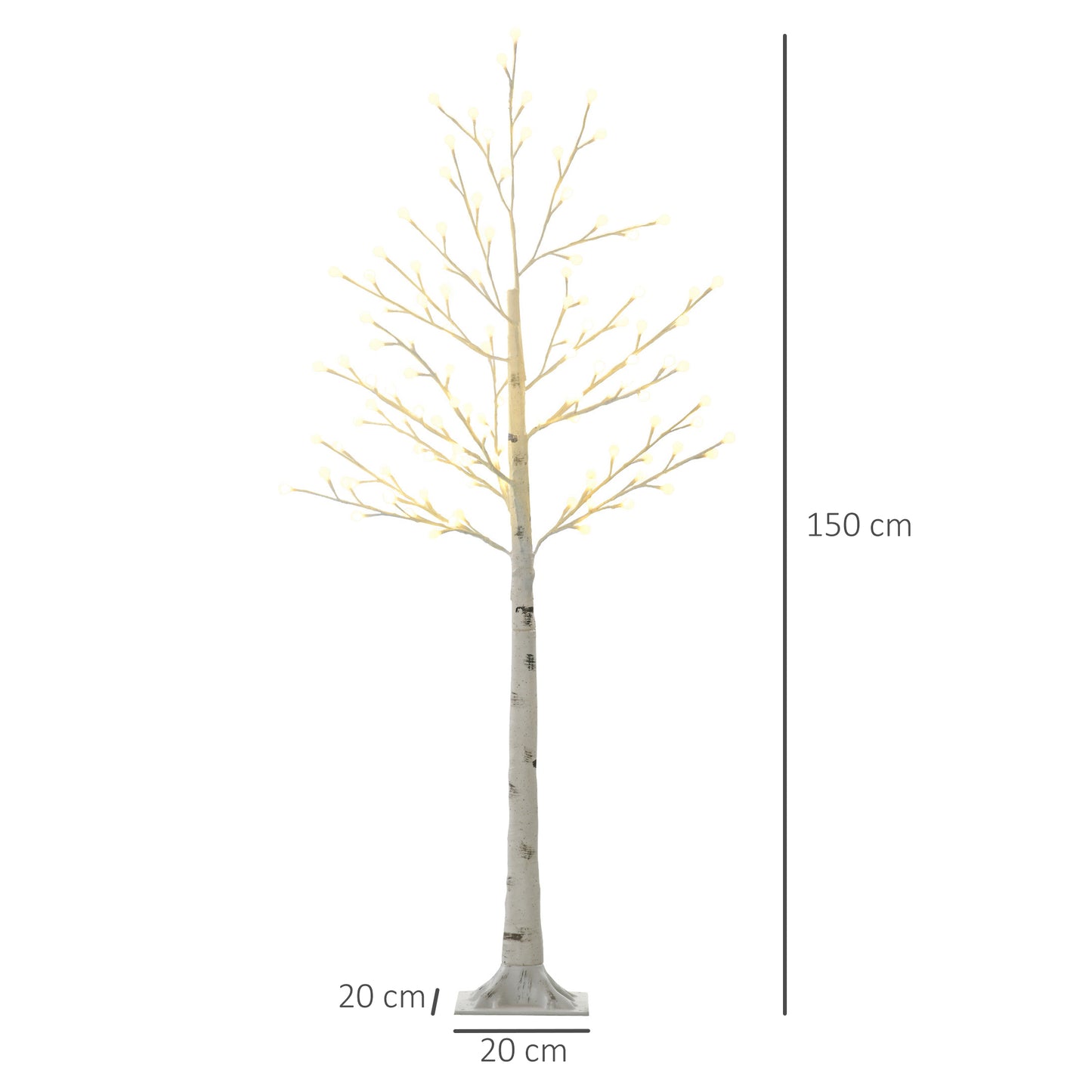 HOMCOM Künstliche Birke mit 120 LED-Lichtern, 3 Helligkeitsstufen, faltbare Äste, IP44, 150 cm, Weiß