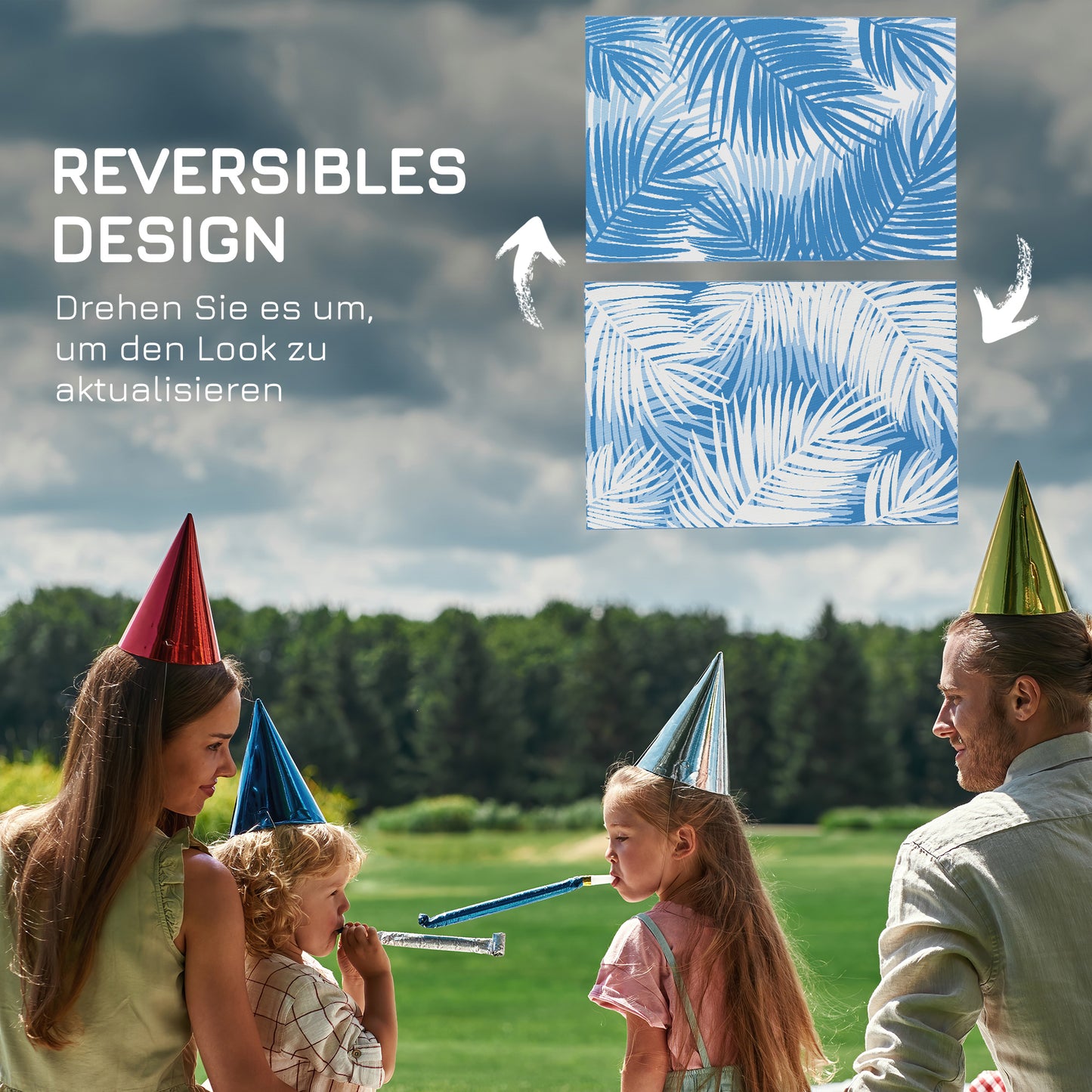 Outsunny Outdoor Wendeteppich, wasserfest, Blattmuster, 182x274cm, Blau/Creme