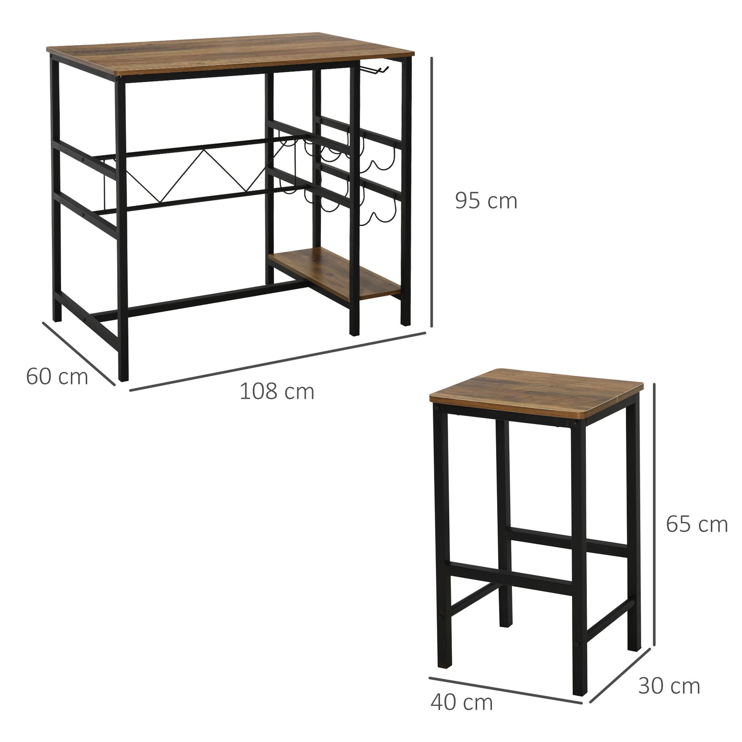 HOMCOM Bartisch-Set, Stehtisch mit 2 Barhockern, 3-teiliges Tischset Küchentresen mit Flaschenhalterung Spanplatte, Stahl, Natur+Schwarz, 108 x 60x 95H cm