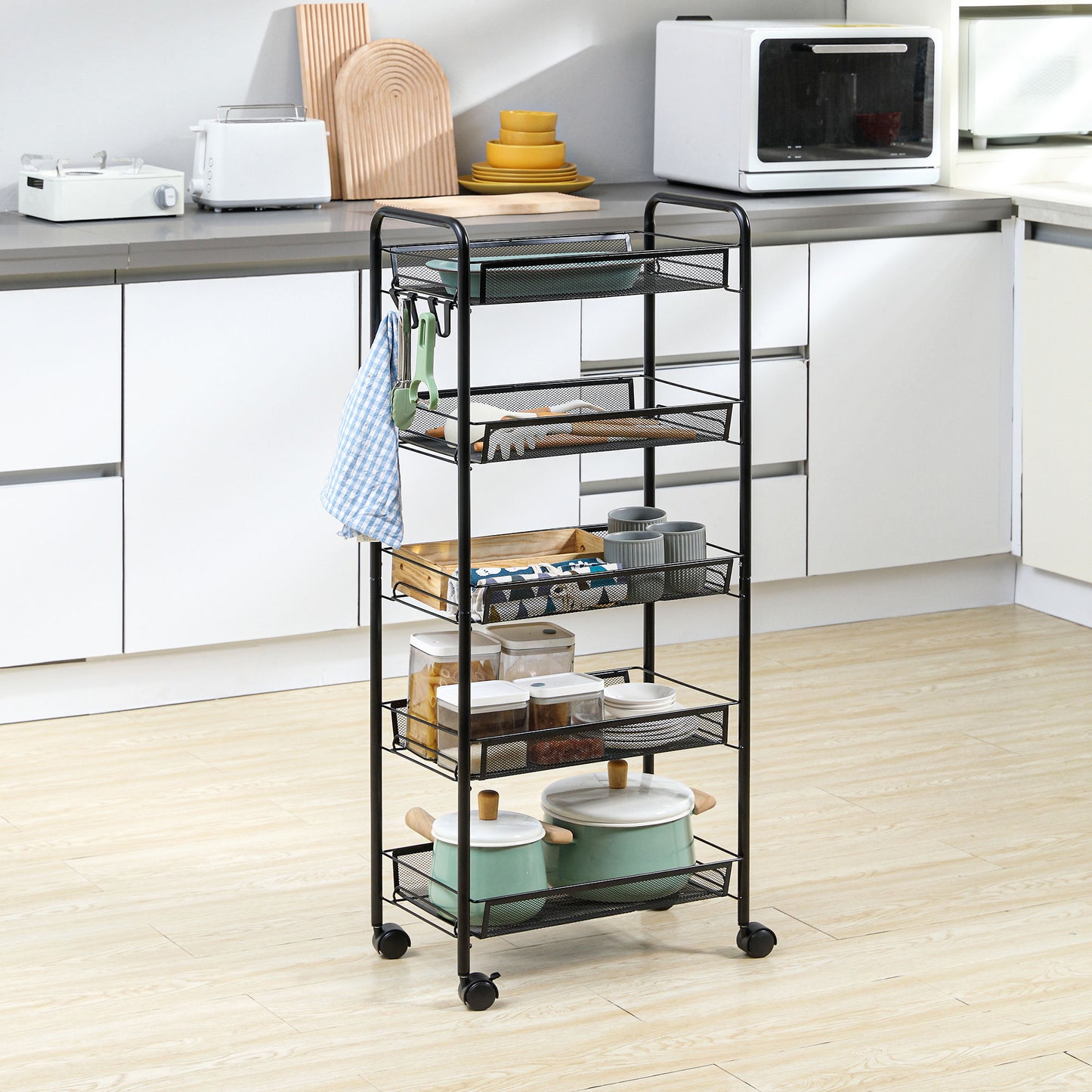 HOMCOM Küchenwagen mit 5 Drahtkörben, 4 Haken, 4 Rollen, 2 Griffe, Stahl/Kunststoff, 45x26,5x106 cm, Weiß