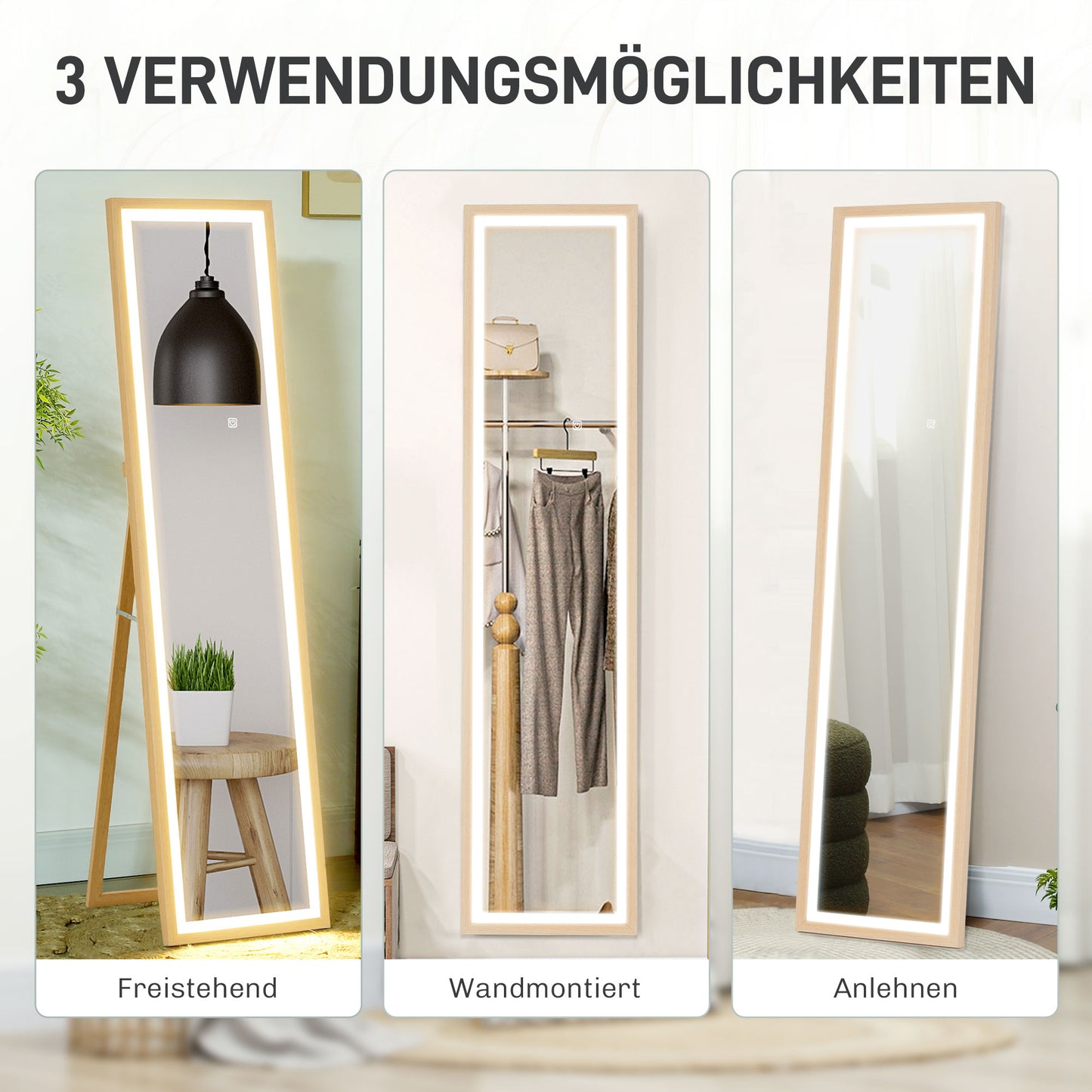HOMCOM LED Ganzkörperspiegel, 40 x 160 cm, Touch-Steuerung, dimmbar, 3 Farben, Eiche