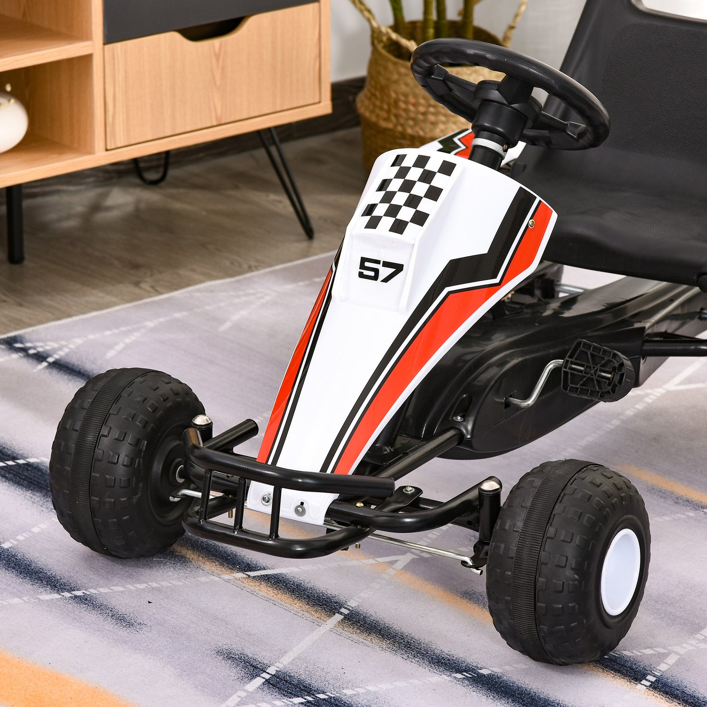 HOMCOM Go Kart Kinderfahrzeug Tretauto mit Pedal Bremsen Kinderspielzeug für 3-6 Jahre Stahl Weiß 104 x 66 x 57 cm