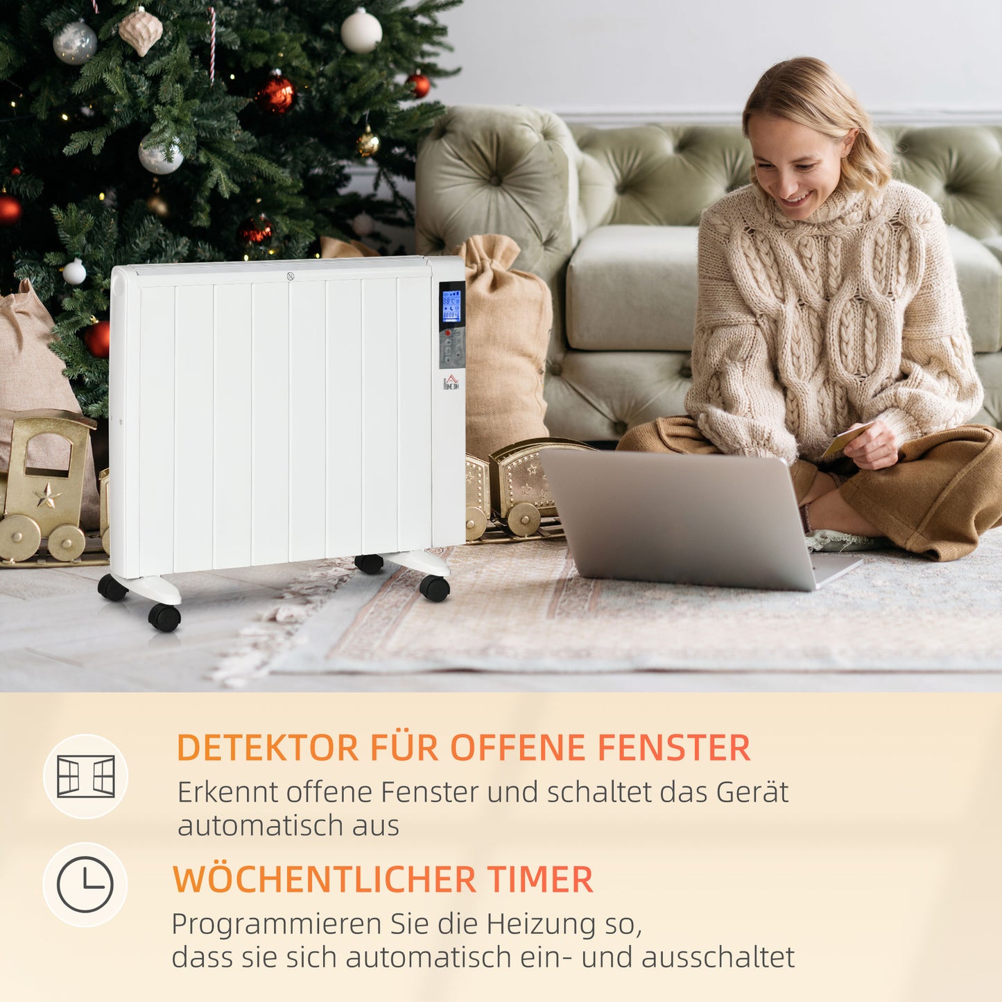 HOMCOM Elektroheizung mit Rollen, 9 vorinstallierte Modi, Wandmontage möglich, 5-35° C, weiß, 75 x 7,5 x 58,5 cm