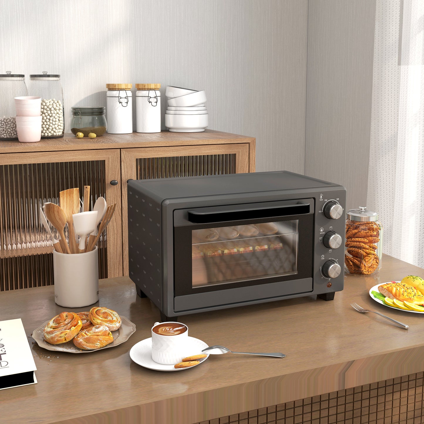 HOMCOM Minibackofen, 21 L Toasterofen mit 1 Drahtgestell und 1 Backblech, 3 Kochmodi, 100 °C-230 °C, Edelstahl, Glas, Grau